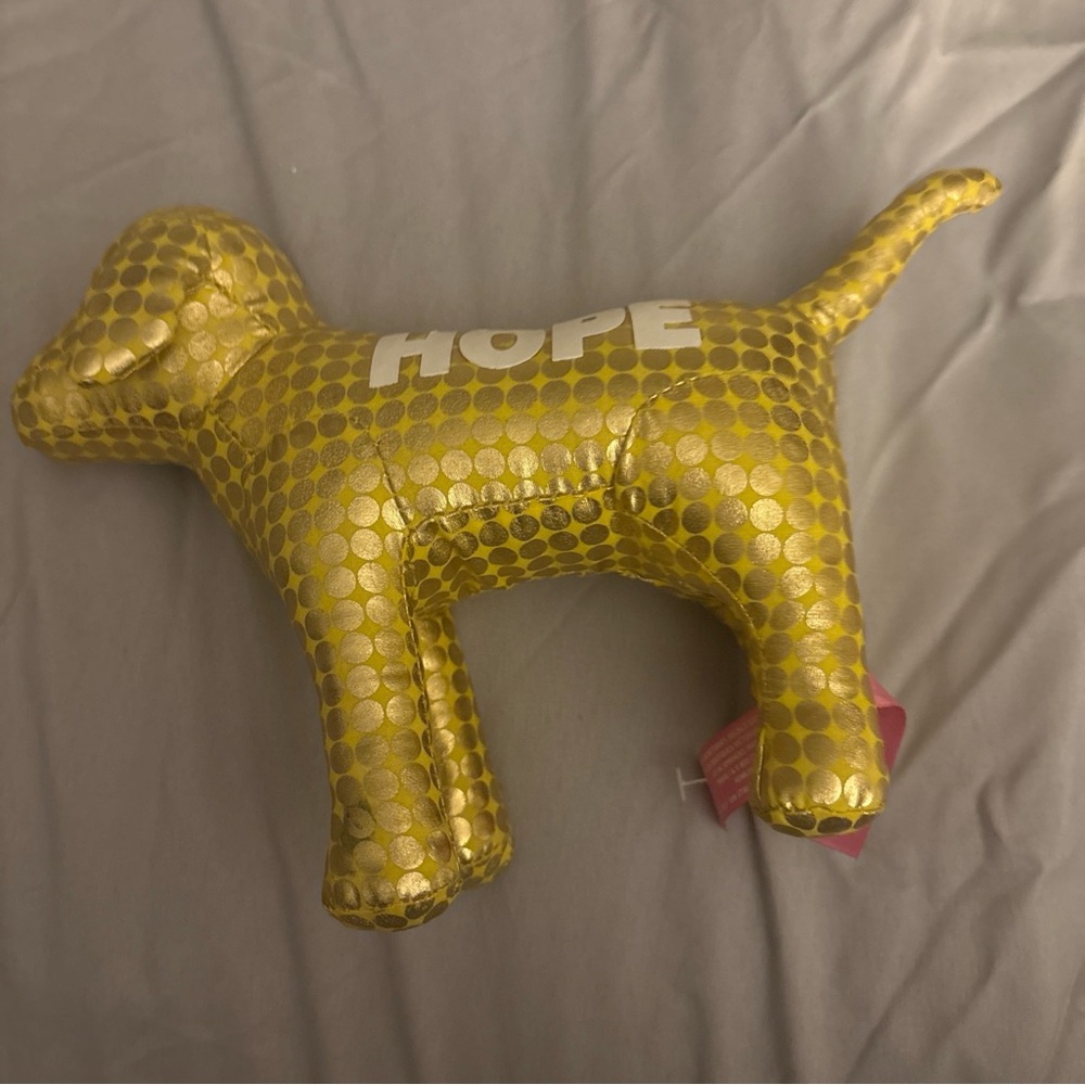 Victoria's Secret PINK HOPE Dog Plush  Gold Polka Dot Yellow Stuffed Animal 9"